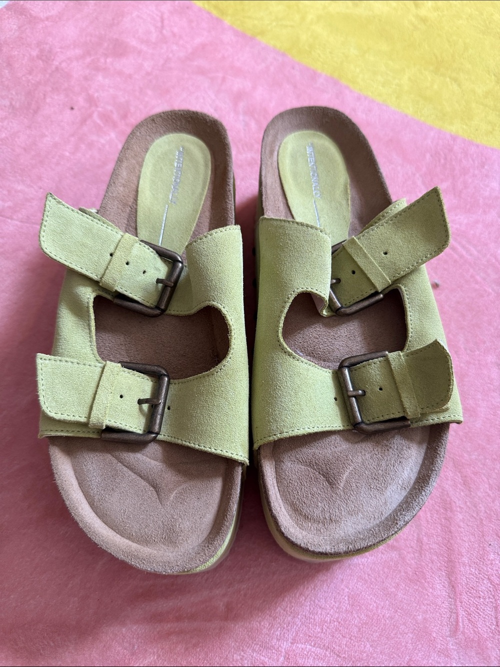 INTENTIONALLY BLANK Lime Green Double-Buckle Platform Slides